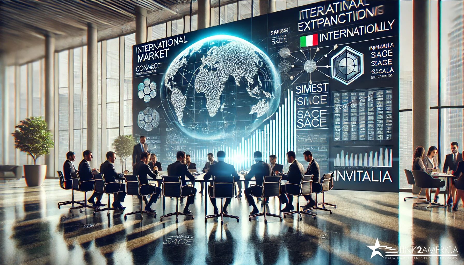 Conferenza aziendale su internazionalizzazione e strumenti finanziari per imprese italiane. Manager discutono strategie di espansione globale con grafici e dati di mercato su uno schermo digitale. Riferimenti a SIMEST, SACE e Invitalia evidenziano supporto economico per le aziende. Ambiente moderno, innovativo e professionale